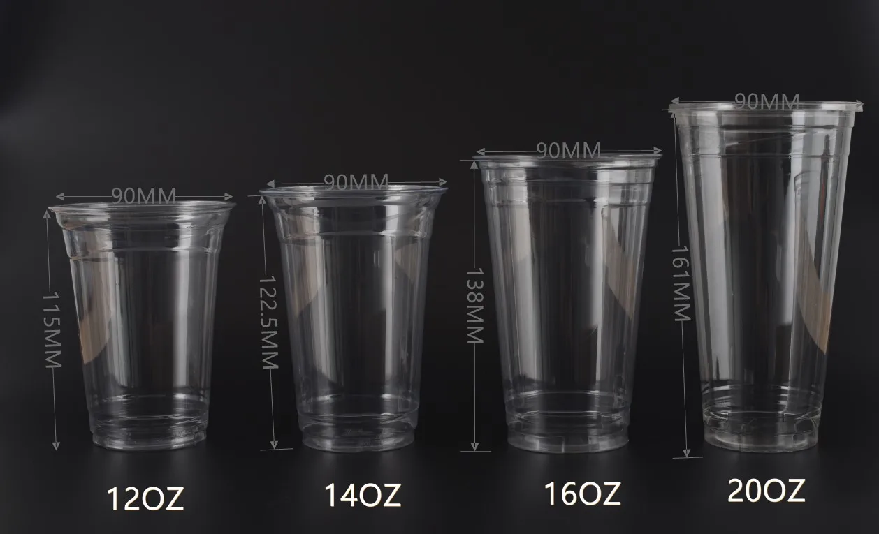 Custom printing logo cheap 16oz 24oz 32oz 500ml clear cold drink pet disposable plastic cups with flat dome lids