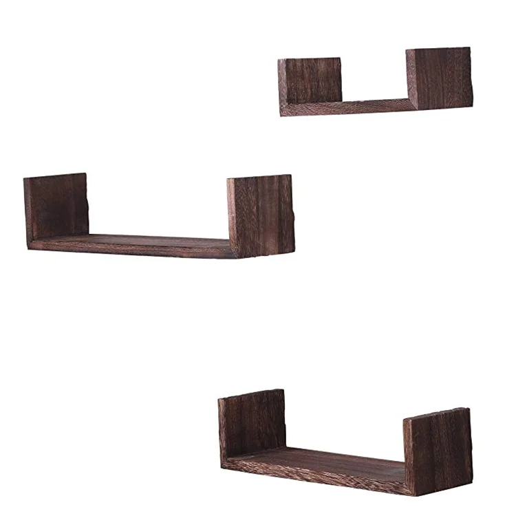 Set of 3 Decorative Farmhouse Wall Mounted U Shaped Wooden Wall Floating Shelf Wall Mounted Storage Shelves for Home Office