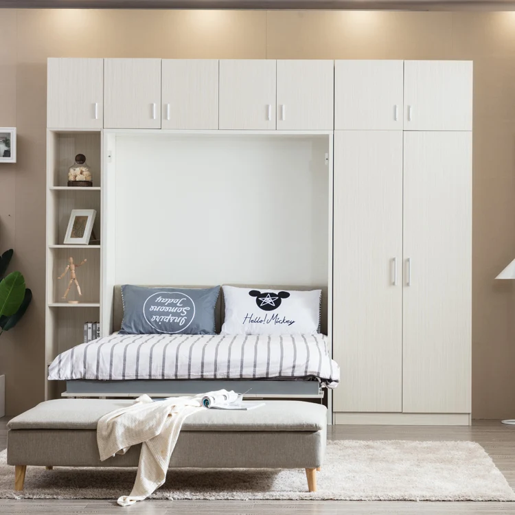 Multifunction foldable wooden saving space  spring mechanism smart bedroom furniture wall bed murphy beds