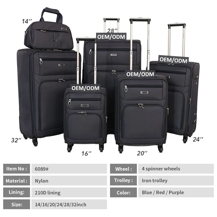 Custom High quality 4 wheels 14 16 20 24 28 32 inch waterproof black nylon travel bags luggage set