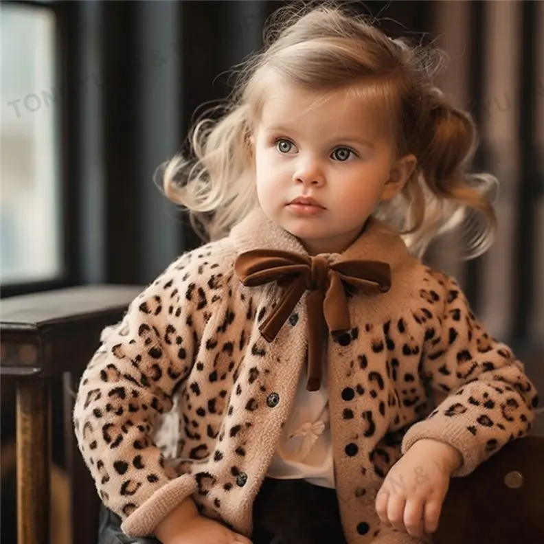 Производители одежды на заказ, кардиган с бантом и леопардовым принтом, свитер для маленьких девочек, мохеровый кардиган, вязаный свитер для маленьких девочек