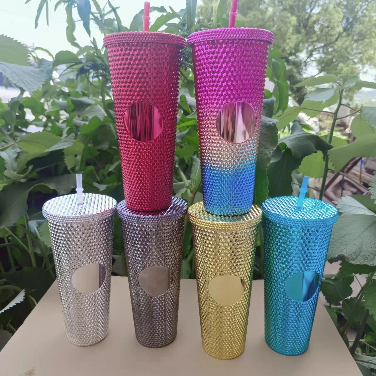 Diamond Colorful Double Wall Water Tumbler 24OZ Reusable Iced Coffee Custom Cup with Straw and Leak Proof Lid
