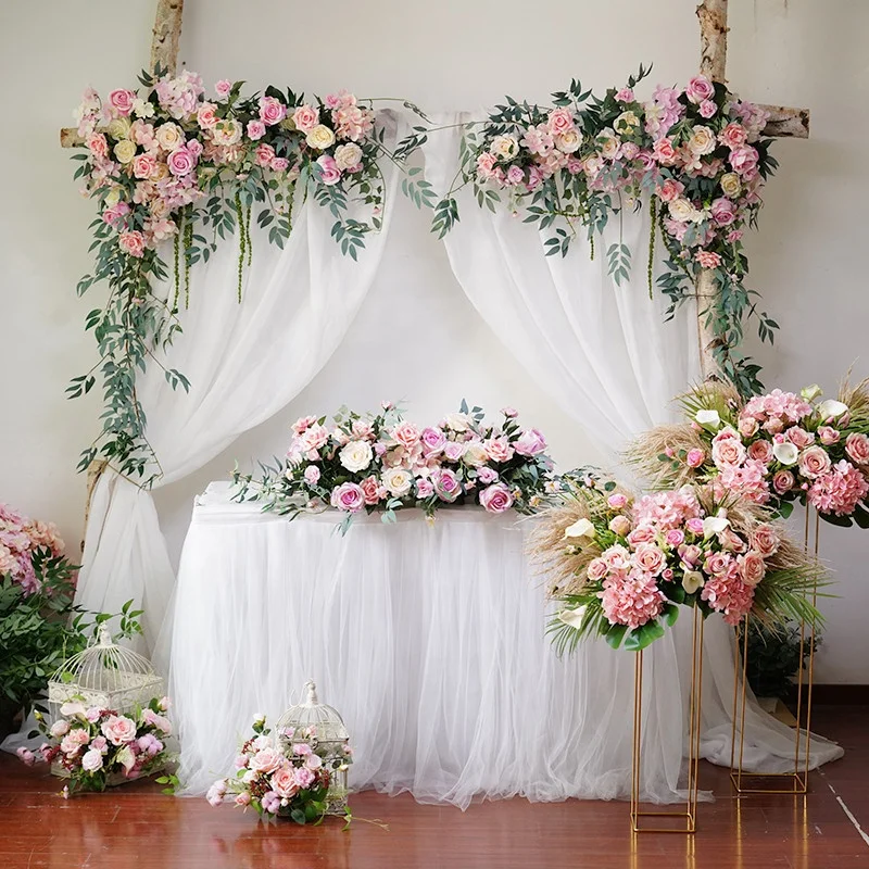 J-169 Wedding Decoration Set Pink Floral Swag Flower Row Rose Table Runner Wedding Table Flower For Centerpieces