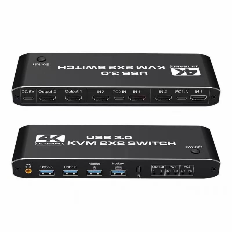 2 In 2 Out USB KVM Switch HDMI Switcher Support 2PC Computers USB3.0 HDMI2.0b 4K 60HZ Hotkey Remote