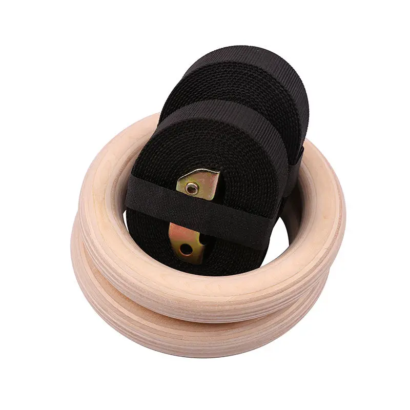 Professional artistic 28mm kids gymnast ring handle with adjustable straps wood gymnastics rings wooden