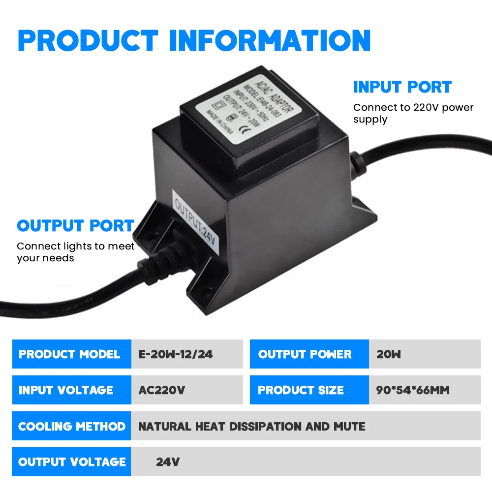LED Transformer 24V Power Supply AC/AC 20W Outdoor Power Supply Transformer with EU Plug IP67 for LED Lighting and Swimming Pool