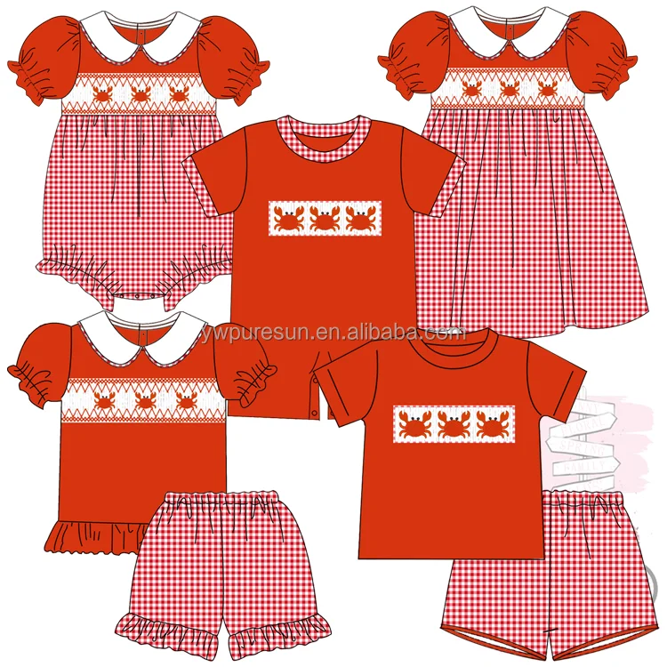 Summer boutique design crab smocked embroidery beach outfits siblings set children wear wholesale girls clothing