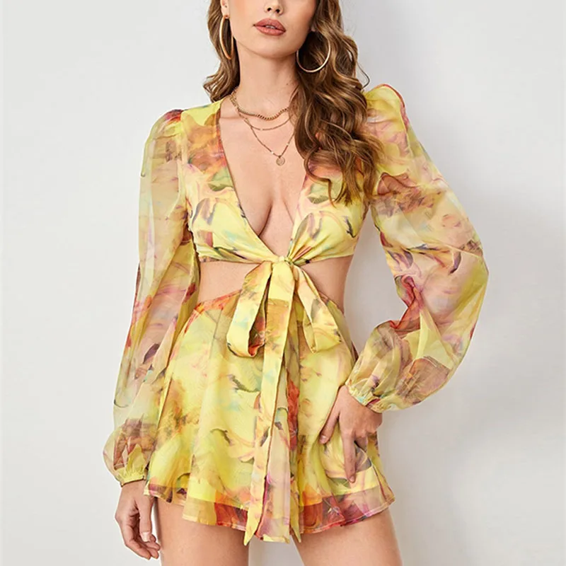 Manufacturers Summer Boho Light Pink Dress Womans Bishop Sleeve Cut Out Deep V Neck Sexy Floral Printed Chiffon Dress Woman