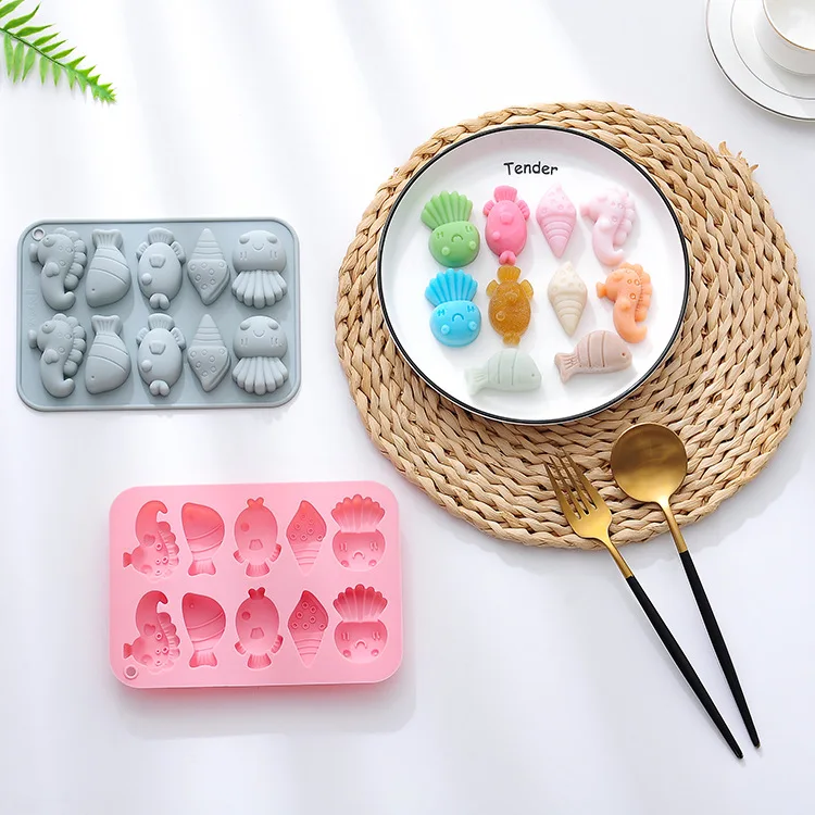 10 Cavity Reusable Carton Cute Marine Organism Shape Silicone Chocolates Candy Baking Cake Mould For Kitchen