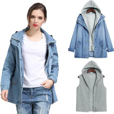 JACKETOWN Korean Women two piece hooded vest denim jeans jackets plus size denim coat for ladies