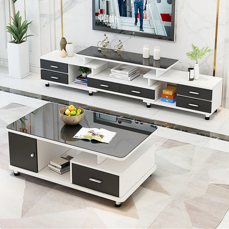YQ Forever Tempered Glass Retractable TV Cabinet Coffee Table Combination Living Room Furniture