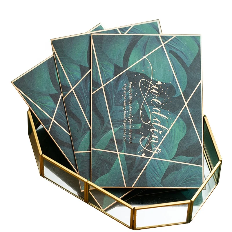 Luxury Blank Invitation Greeting Cards Wholesalers Gold foil printing green Wedding Cards Design Invitation Greeting Cards