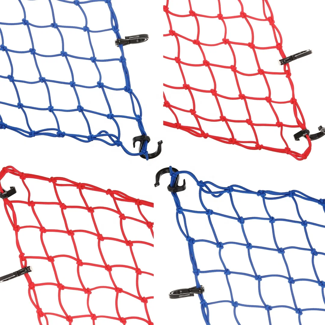 High Quality Outdoor Black Orange Blue Red Polyester Webbing Adjustable  Mesh Cargo Net With 6 Hooks