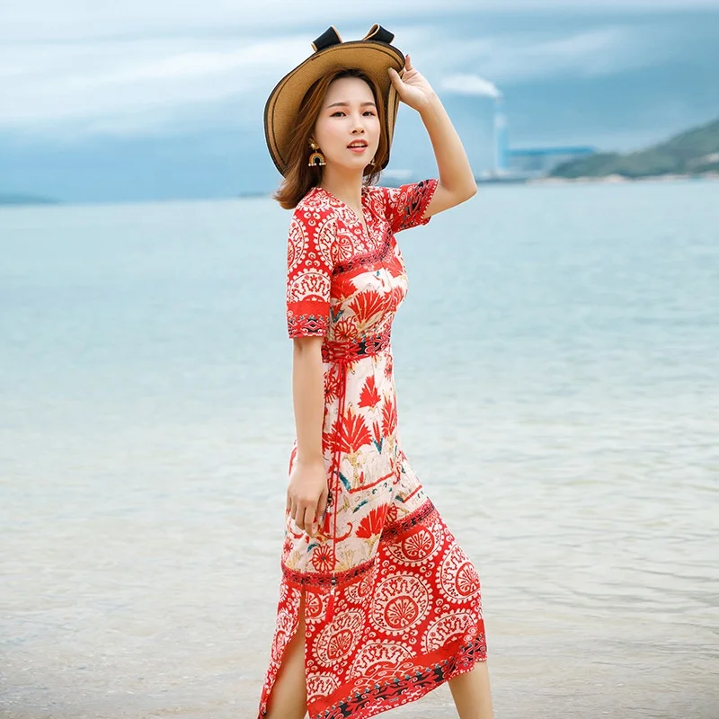 Hot Sale Red Party Summer Ladies Casual Chiffon Maxi Dress For Mature Women