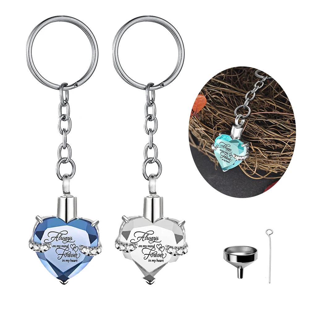 Heart shape Crystal Pendant Memorial Key Chain Cremation Urn for Human Pets Ashes Keepsake Key Ring Jewelry to Men Women