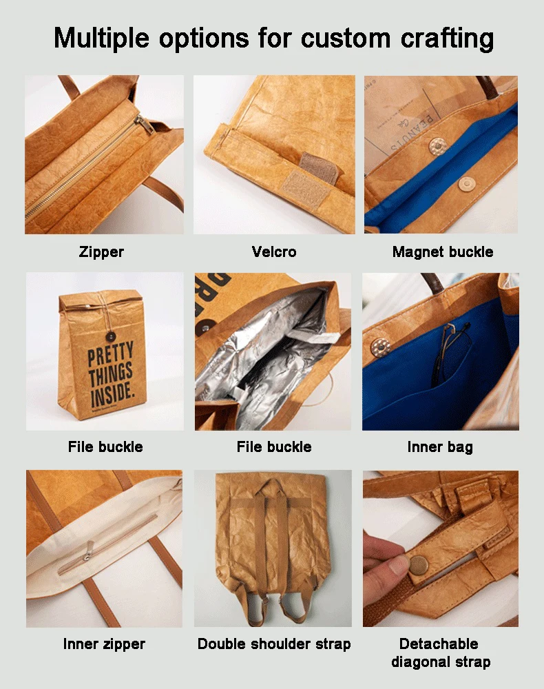 Wholesale Reusable Custom Logo Printed Waterproof Washable Plain Brown Kraft Dupont Tyvek Paper Packaging Shopping Tote Bag