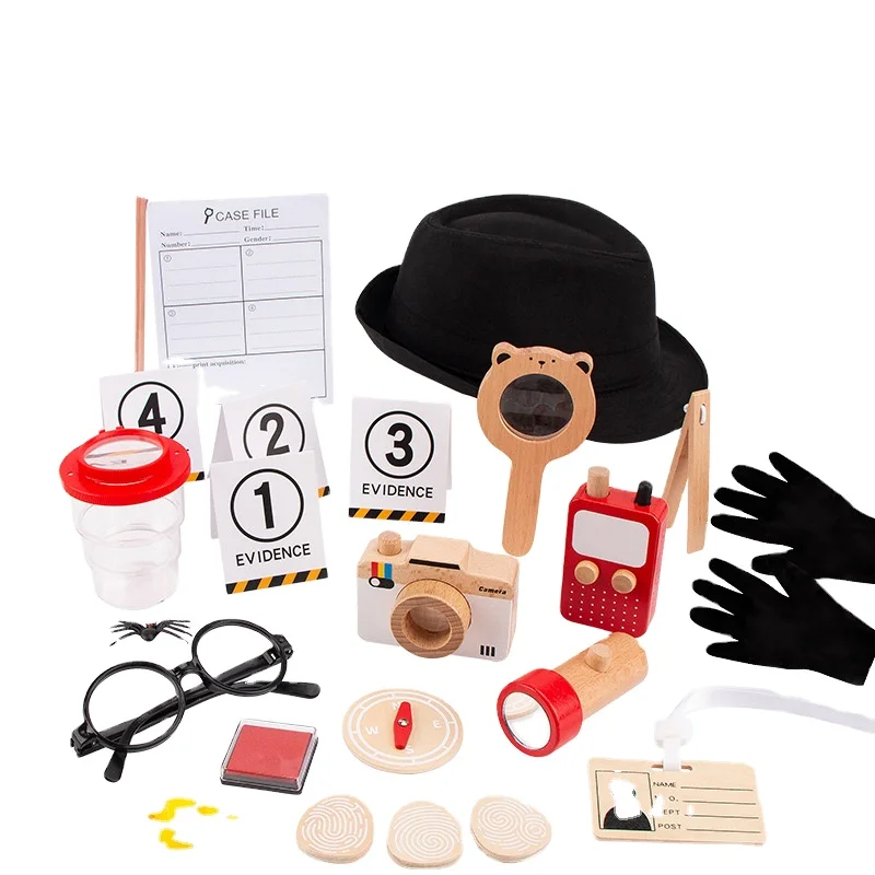 Hot Unisex Kids Interactive Wooden Detective Toy Set Pretend to Be a Realistic Investigator with Practical Tools
