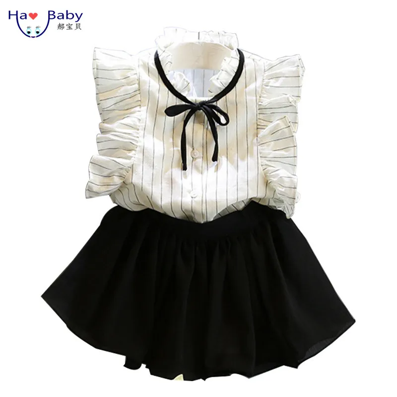 Hao Baby Summer Kids Clothing Baby Girls Clothes Sets Striped Cotton Shirt + Chiffon skirt suit