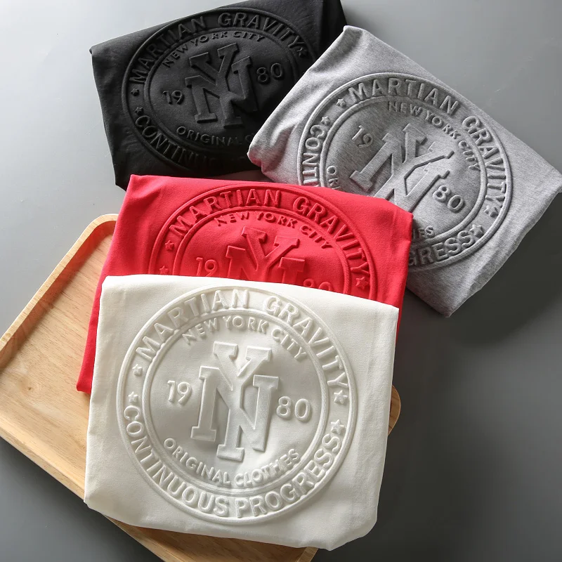 Custom Design 2021 New Loose Fit Casual 100%Cotton 3d Embossed Logo White Short Sleeve Men T Shirt