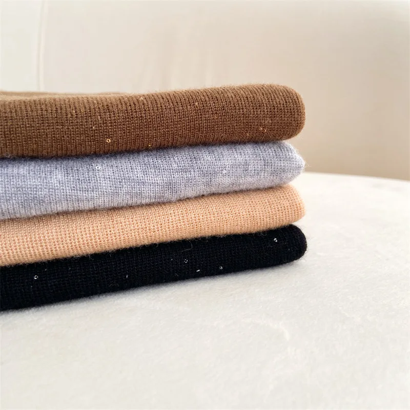 Water soluble wool base shirt sequin long sleeved pile neck knit solid color autumn winter high neck woman