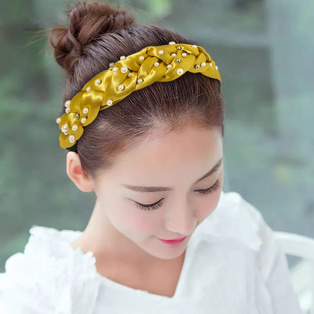 Solid Color Satin Braided Pearl Wide Headband For Women Handmade Cross Knotted Head Hoop Beaded Hairband Girls Hair Accessories