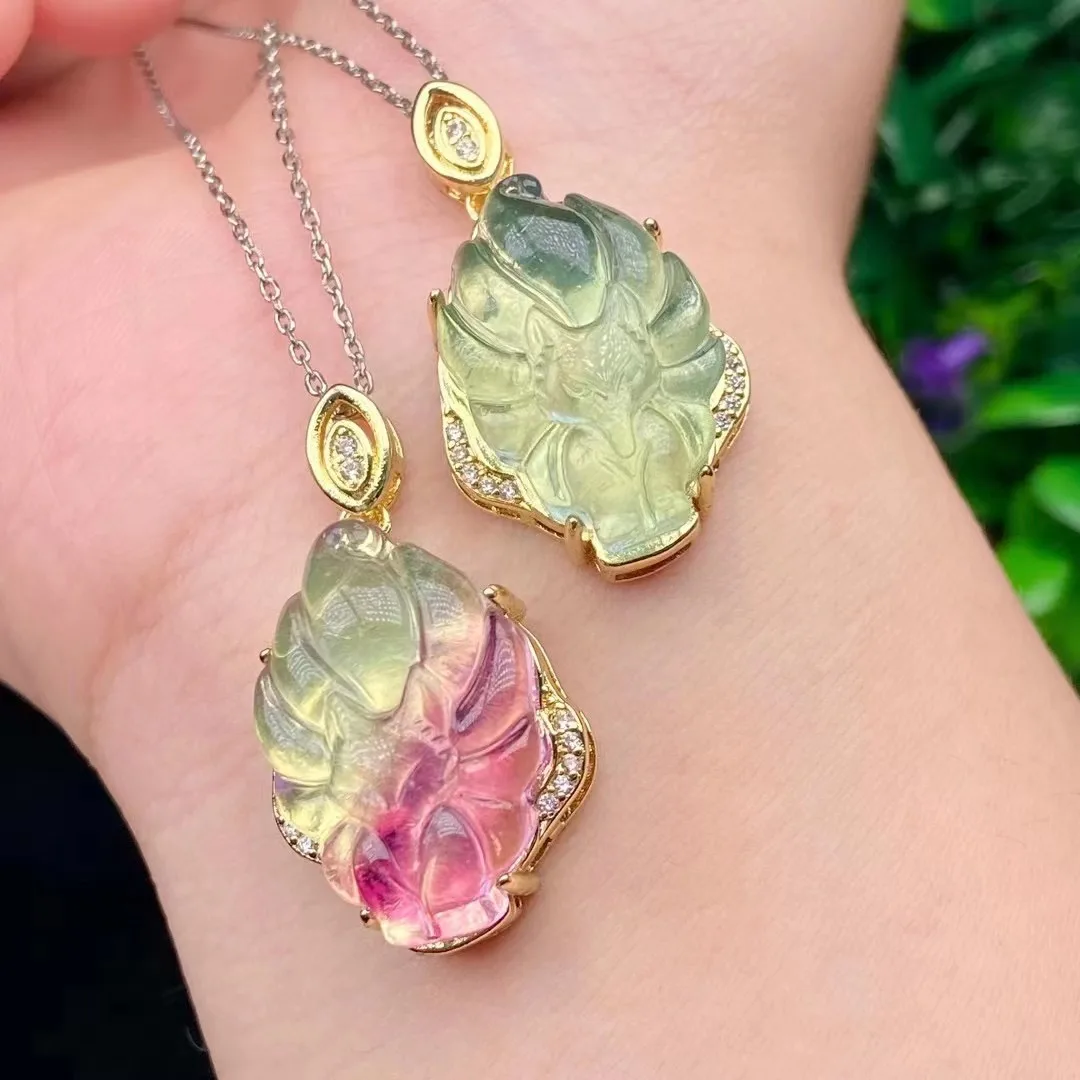 Healing Natural Rainbow Fluorite Nine-tailed Fox Pendant Stone Carving Animal Necklace Pendant Protection Amulet Lucky Charm
