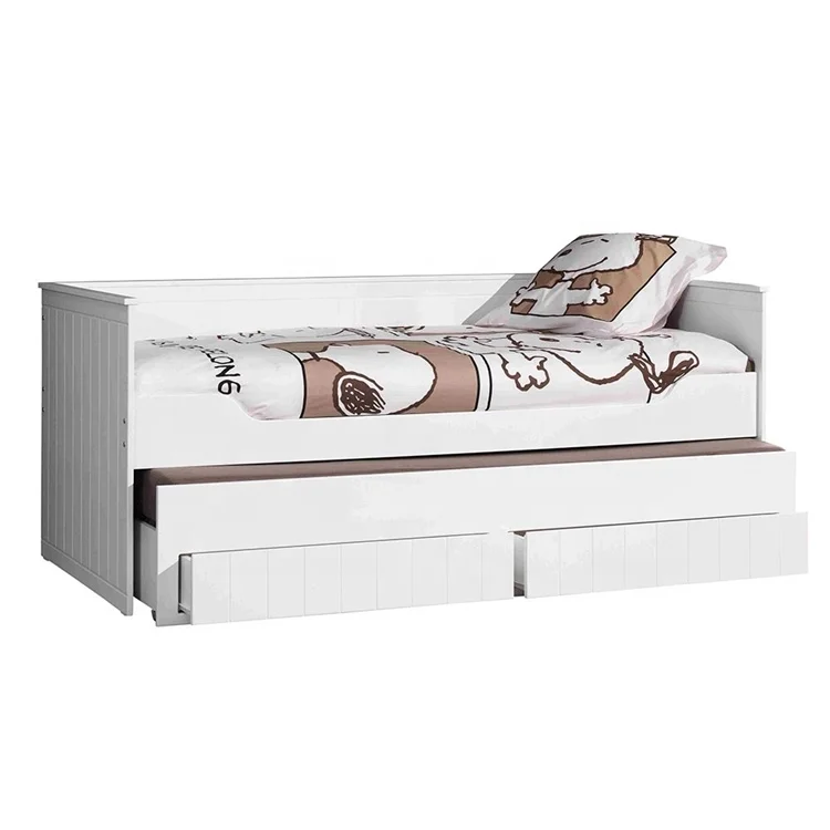 modern solid wood single twin day sofa platform bed with trundle bed  and drawers white light gray