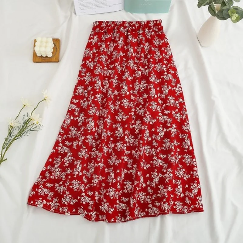 Summer Skirts Womens 2021 Vintage Floral Printed Chiffon A-Link Skirt Elastic High Waist Casual Midi Skirt With Lining For Beach