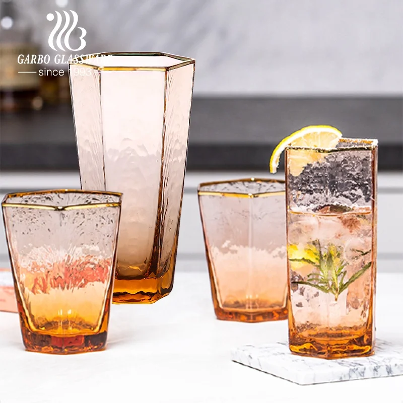 290ml solid orange color hexagonal handmade water glass with gold rim for gifts and souvenirs glass cup