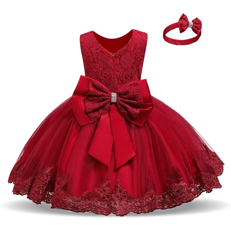 Sleeveless Embroidery Formal Lace Baby Dress Flower Girl Dress With Large Bow