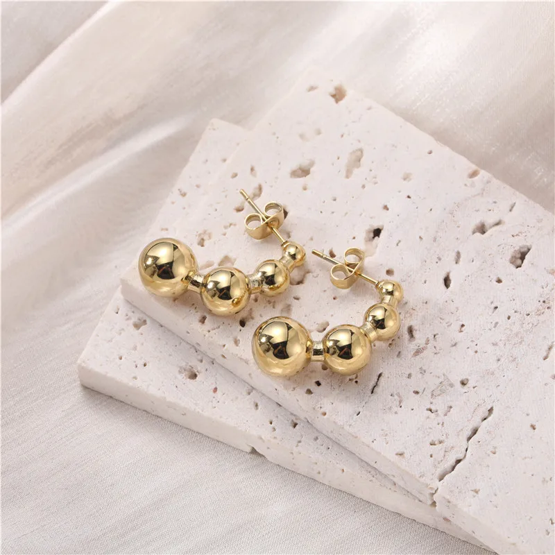 Fashion Stainless Steel C Shape Hoop Earrings Waterproof Ball Stud Earrings 18K gold Plated Beads Hoop Earrings For Women