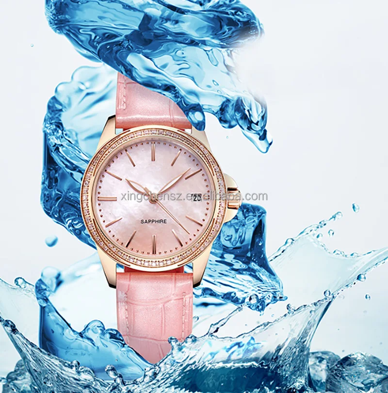 Strong luminous hands rose gold color pearl dial leather strap diamond  waterproof women quartz wrist watches