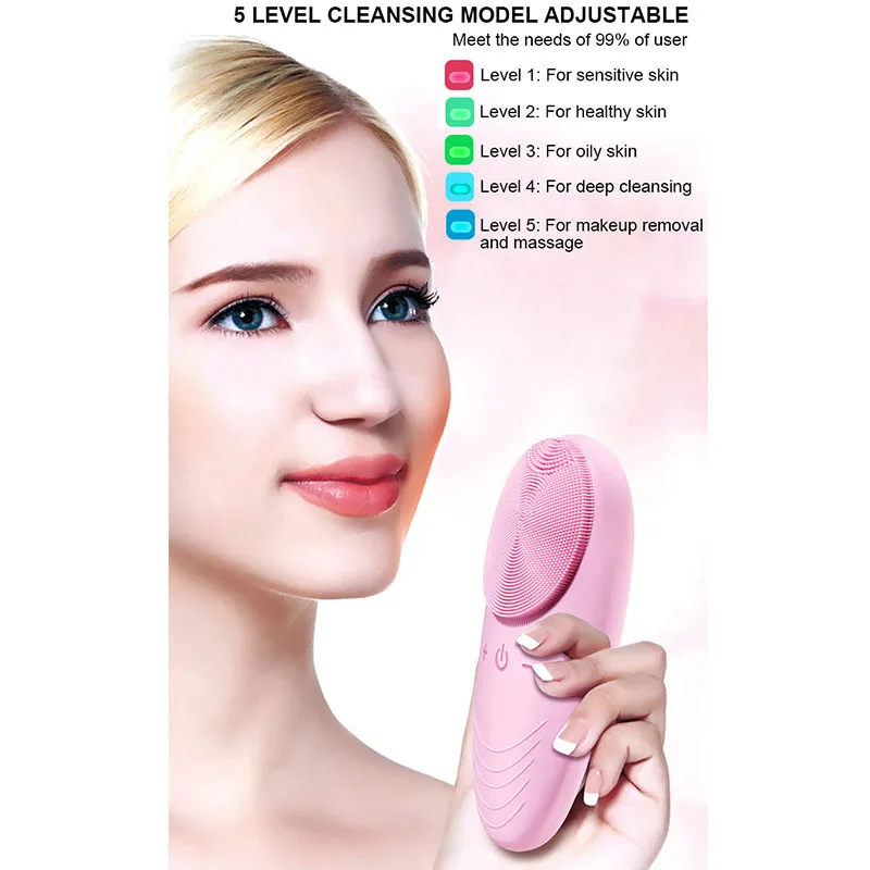 High-tech 5 Modes Electric Facial Cleansing Brush IPX7 Waterproof Rechargeable Exfoliating and Massaging Silicone Face Scrubber