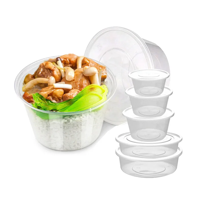 Clear take out pp soup bowl noodle disposable plastic restaurant round microwavable leakproof food grade containers with lid
