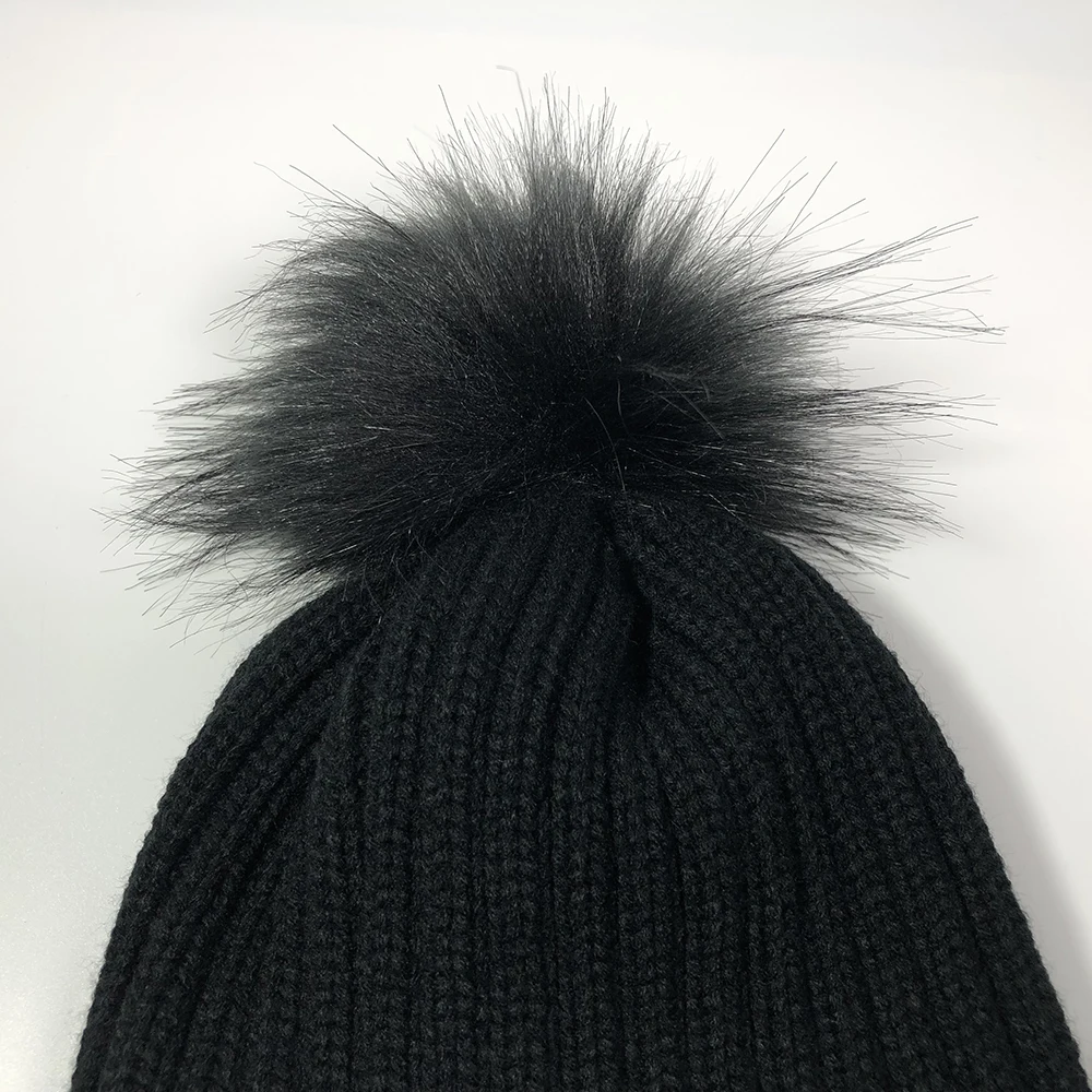 High quality knitted fur pompom for beanies Skull warmer acrylic bobble caps Custom embroidered ribbed cuff faux fur hat women