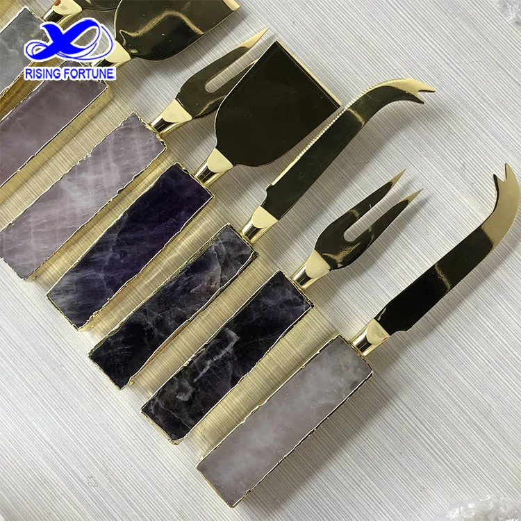 China High Quality Shovel Spreader Fork Luxury Rose Quartz Cheese Board Knife Set Purple Crystal Cheese Board and Knife Set