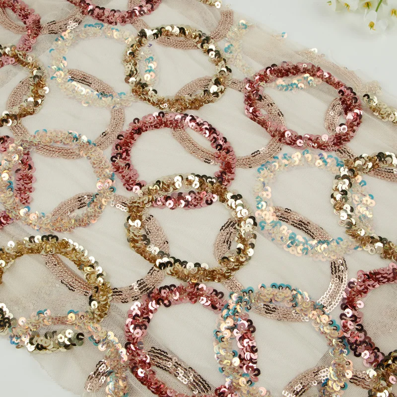 Stock 5mm Shiny Multi-color Sequin Elastic Spandex Mesh Fabric Fashion 3D Embroidery Holographic Sequin Fabric