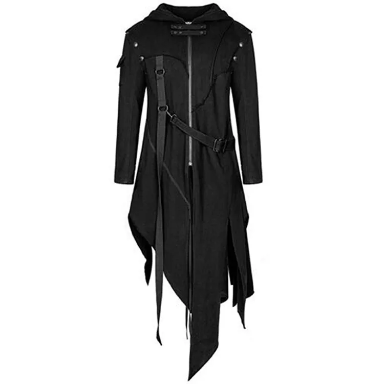 Vintage Gothic Steampunk Renaissance Man Jacket Medieval Autumn Hooded Zipper Coat Costume for Men Plus Size Black Strap Tuxedo