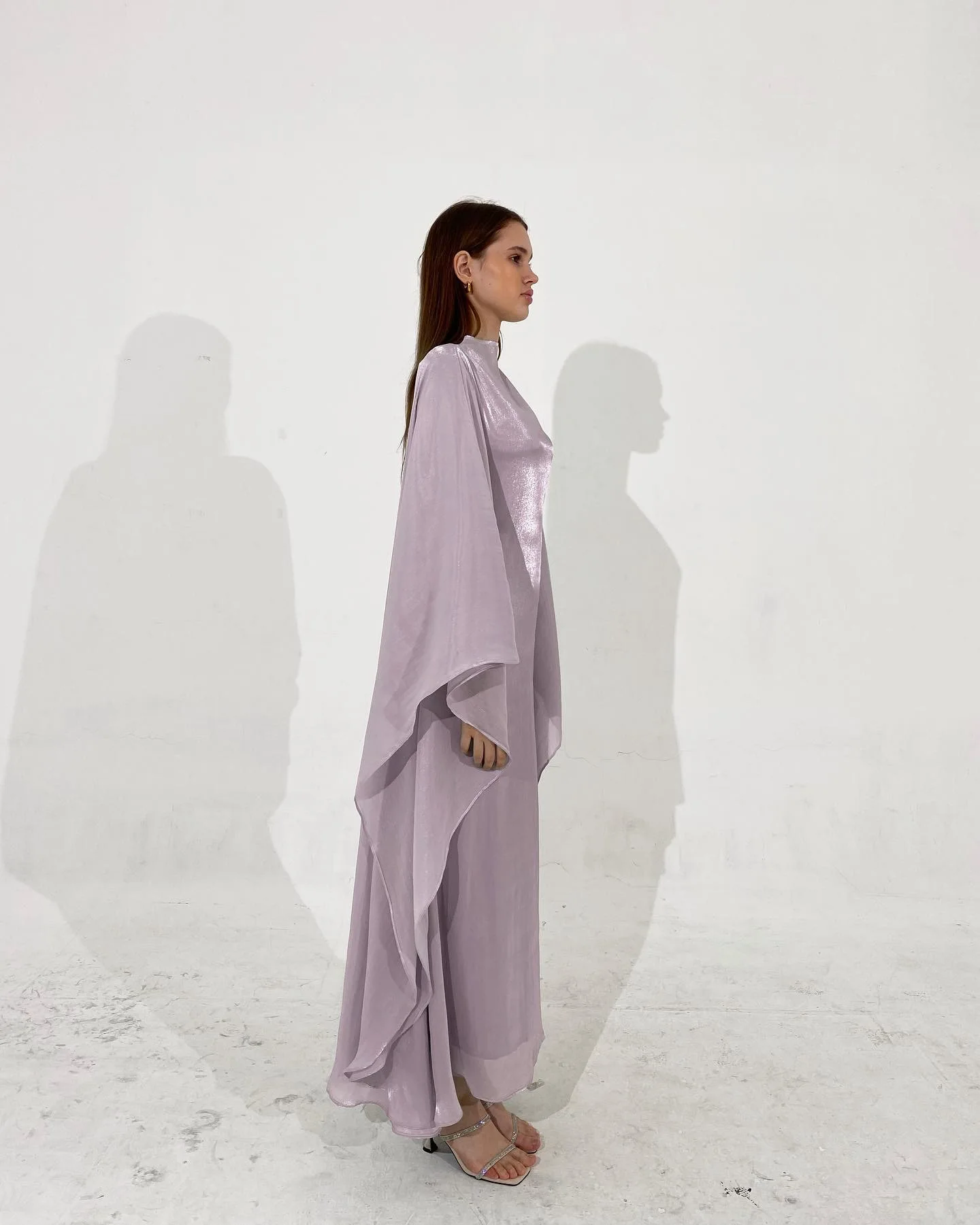 Sheen Kaftan Dress In Lilac With Stain Under Layer,  Chiffon Organza ,  Long Sleeves,  Oversized Loose Cut