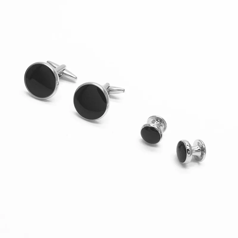 High Quality Factory Cufflink and Pins Black Onyx Round Cuff link Set