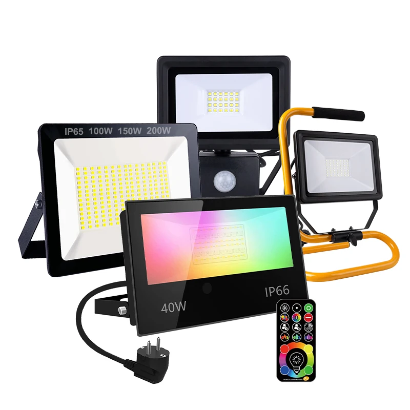 High Bright Outdoor Waterproof IP65 Portable Projector RGB Sensor 20W 30W 50W 100W 200W Security Floodlight LED Flood Light