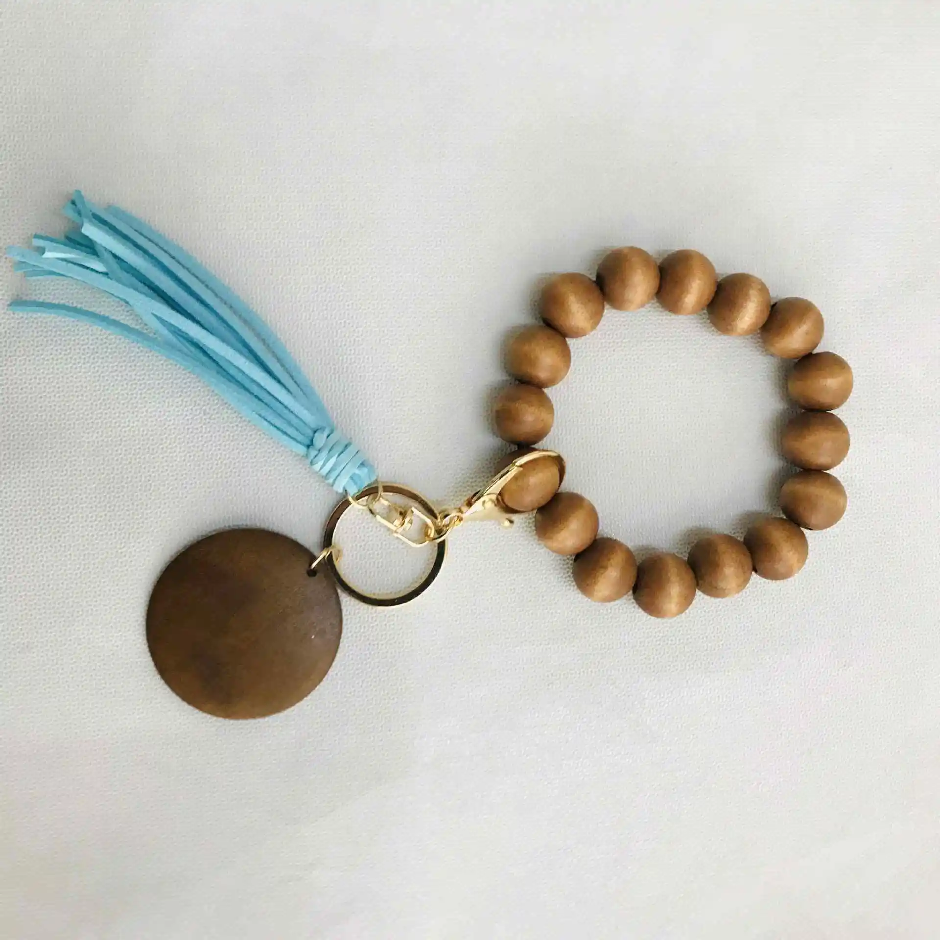 A 2356 Personalized String Keychain Wood Elastic Beaded Fringed Bangle Keychain Monogram DIY Wooden Bead Tassel Keychains