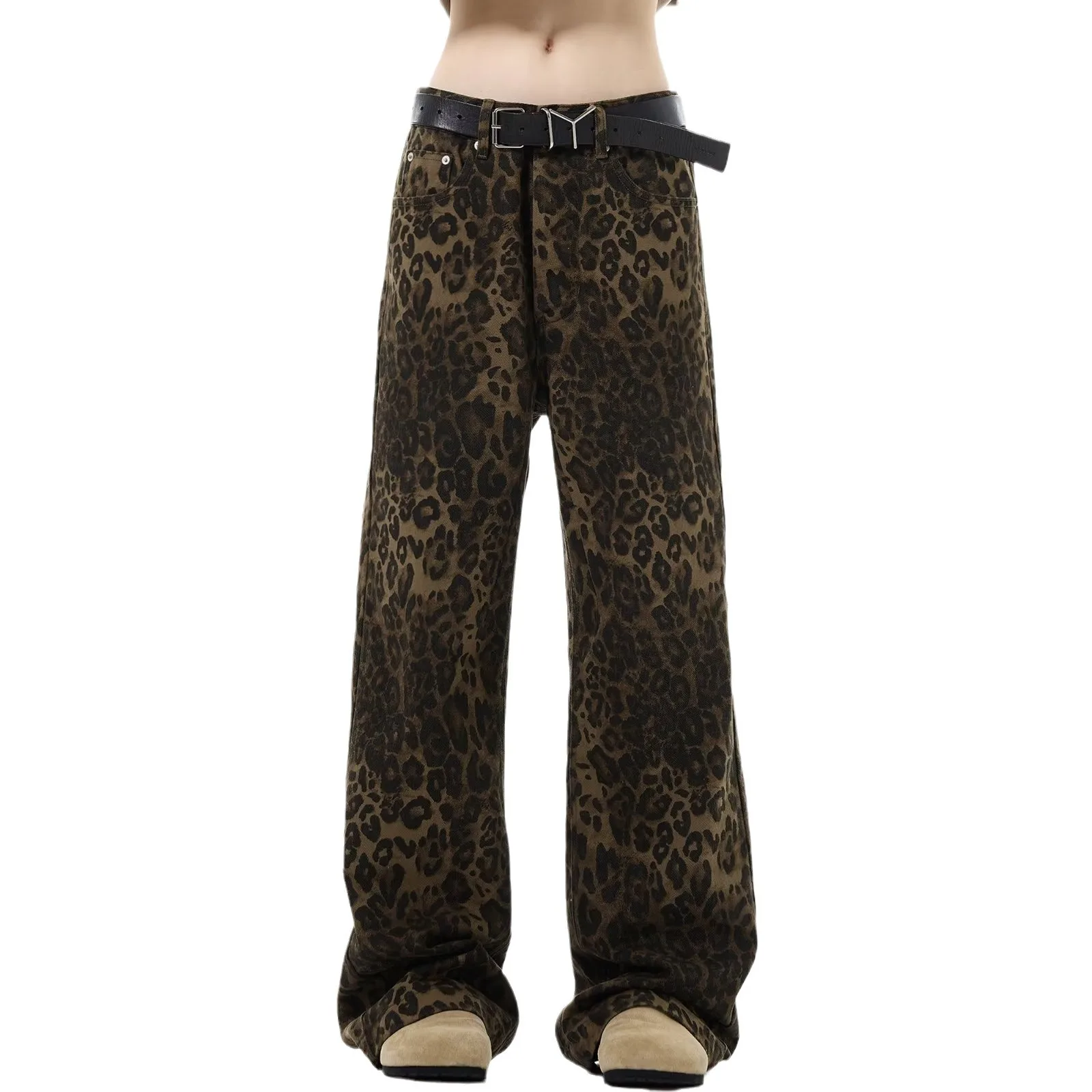 Fitspi Vintage Leopard Print Jeans Men Women Straight Loose Leisure Mop Trousers Men Wholesale