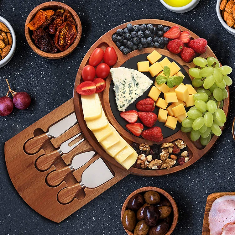 Custom logo modern round charcuterie platter set marble acacia wooden cheese board with knives
