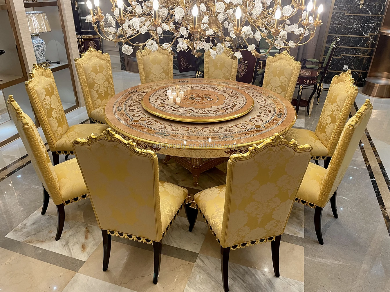 Classical Style Round Table Dinner Desk for Hotel Carved Gilded Brass Mother of Pearl Inlay Luxurious Wooden for Restaurant 1 PC