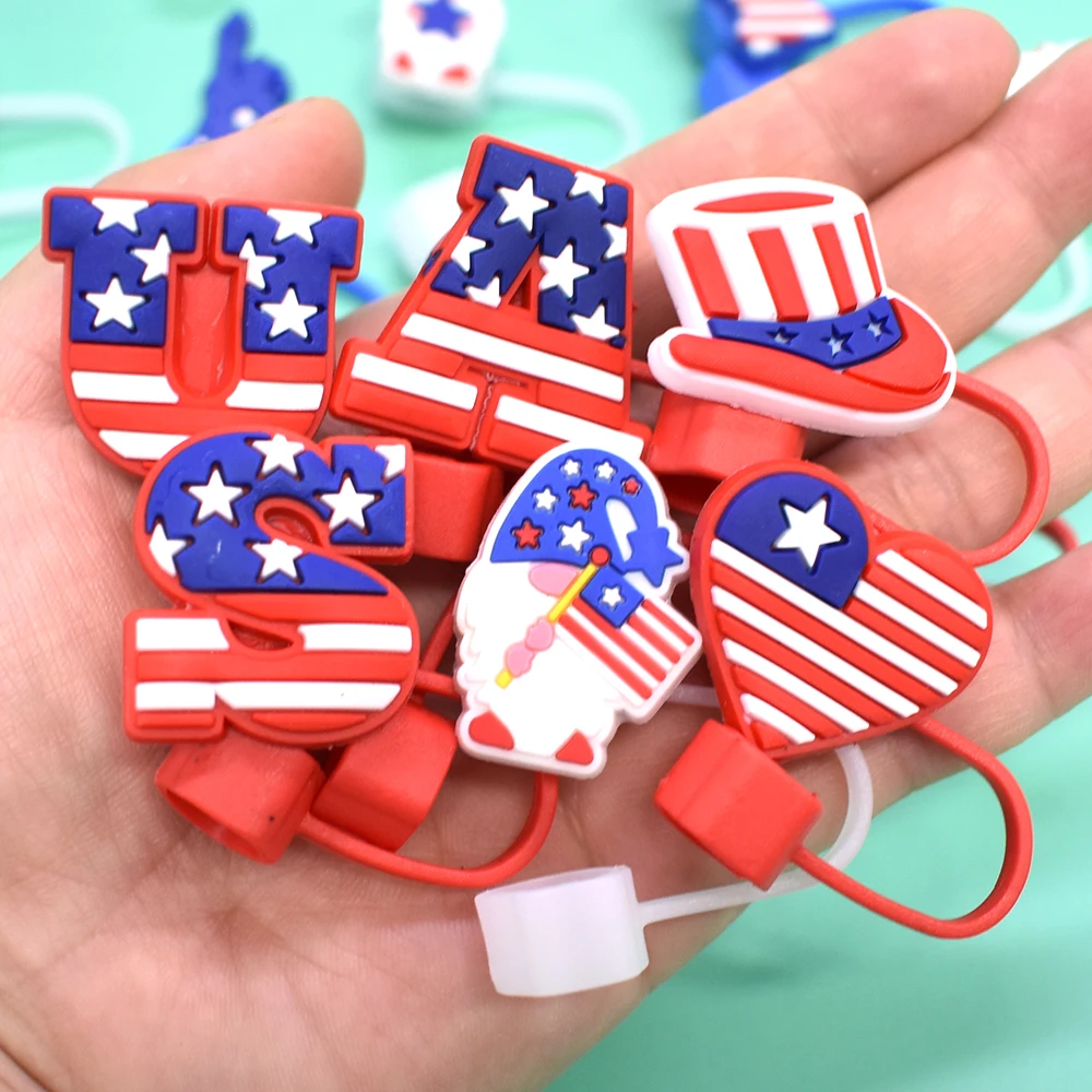 Wholesale Bulk 10mm American Flag Pvc Rubber Straw Topper Fashion Heart Star Usa Flag Straw Topper Charm For Tumblers