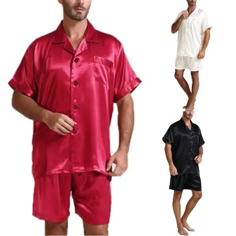 
XLL LL-L038 Summer Short Sleeve Silk Like Home Clothes Mens Pajama Sets Sleepwear Set 