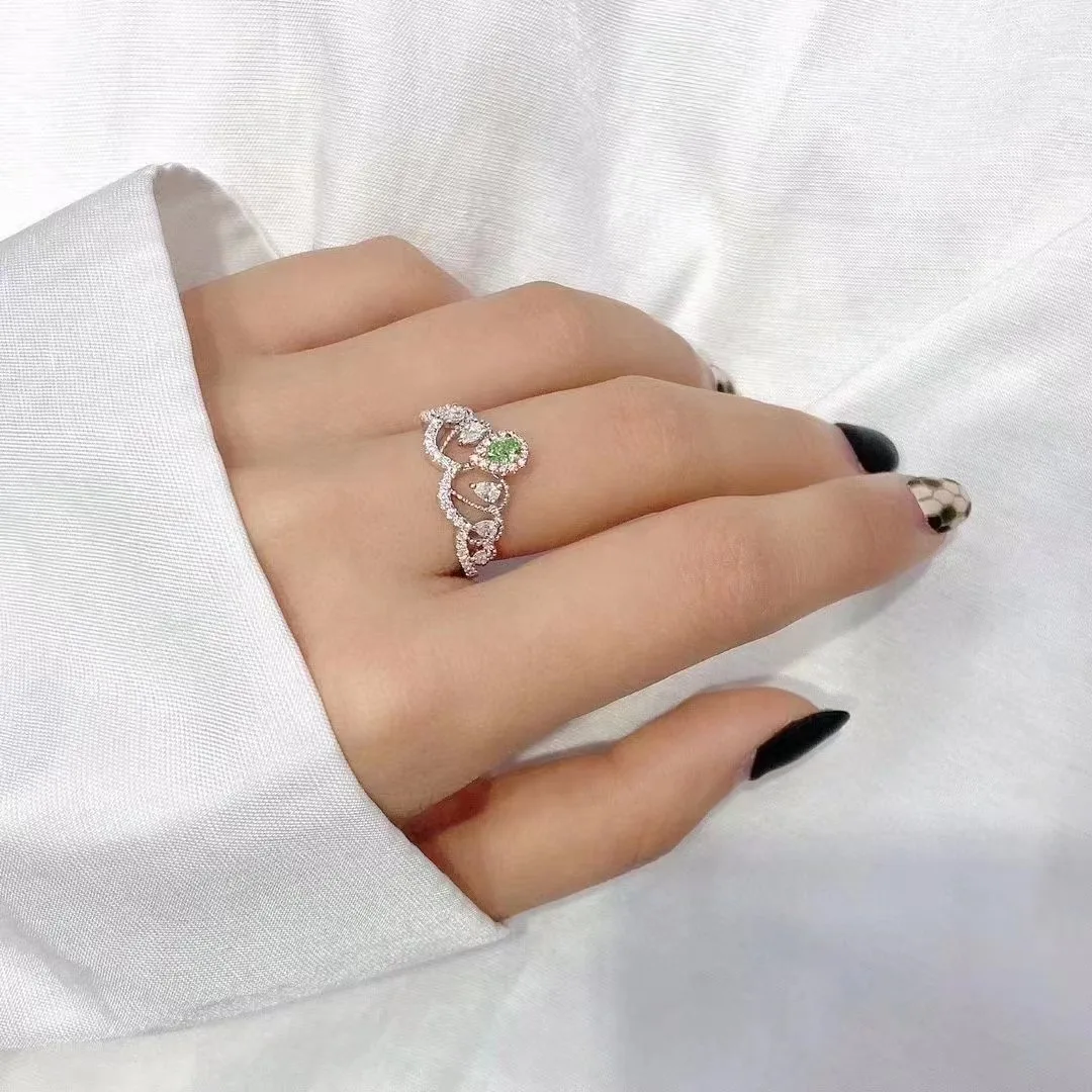 SGARIT Generous Women Diamond Jewelry 18k Gold Pear Cut 0.173ct Natural Green Diamond Two Tone Gold Setting Women Ring