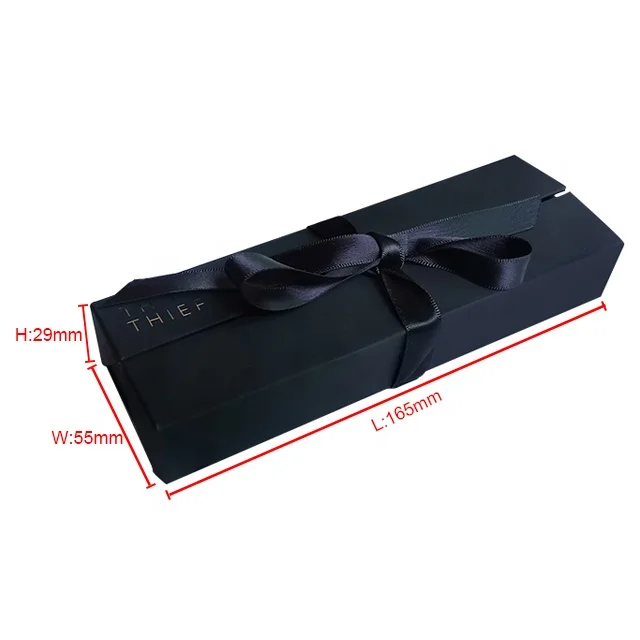 Custom black soft touch paper box gold stamping logo gift box pen packaging with ribbon closure
