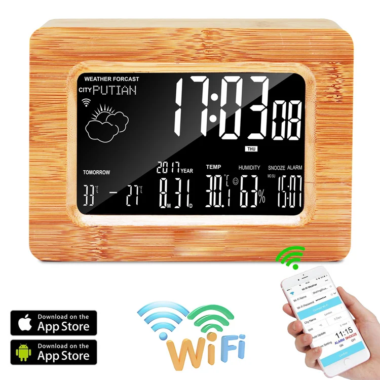 High Quality Fashion Bamboo Wood Table WIFI Weather Forecast Smart Alarm Clock